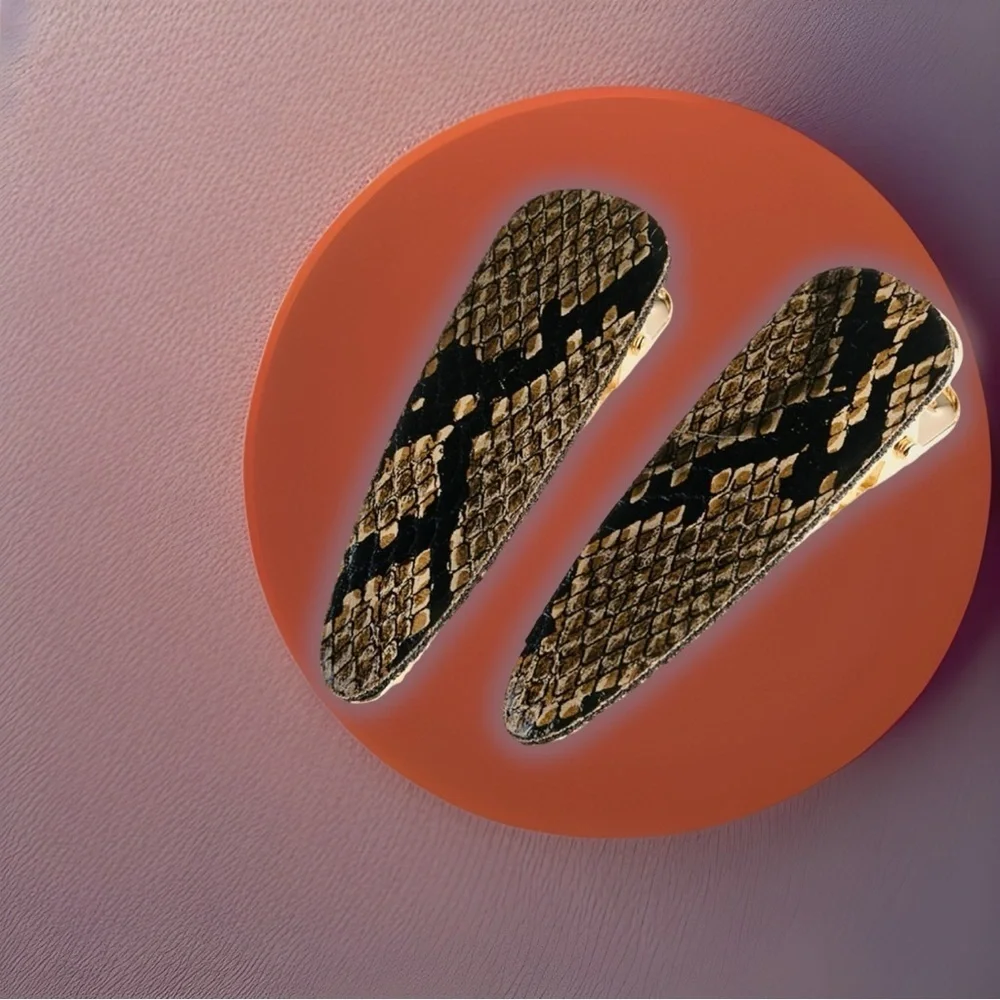 NEW Set of 2 Light Brown Snakeskin Faux Leather Golden Hair Clip Barrettes